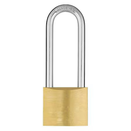 Padlock, Keyed Different, Long Shackle, Rectangular Brass Body, Hardened Steel