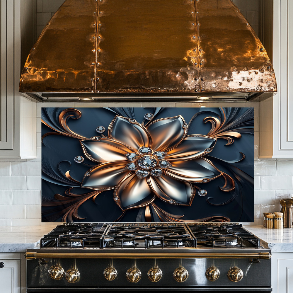 Silver & Copper Floral Backsplash Panel, Luxury Diamond Flower Kitchen Wall Art