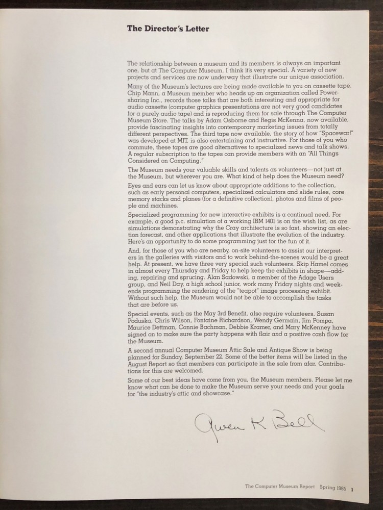 The Computer Museum Report - Spring 1985 - Volume 12