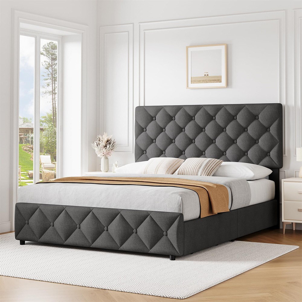 Queen Size Bed Frame with 4 Storage Drawers and Headboard Upholstered Platform