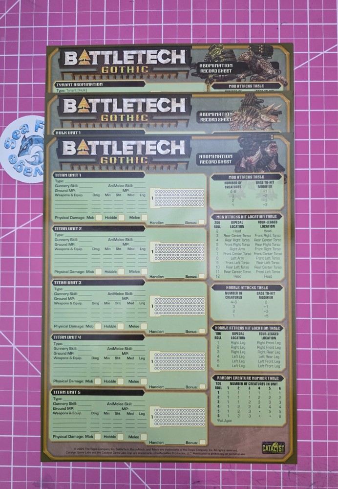 BattleTech GOTHIC - Premium Laminated Abomination Record Sheet Set!  -New!