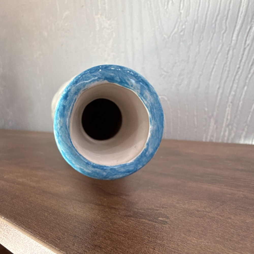 Vintage CS Handmade Ceramic Vase White Blue Diamond Pattern Glossy Decorative 9”