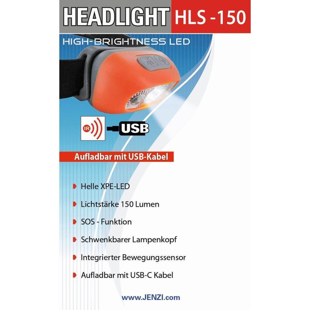 Jenzi LED Headlamp HLS150 Rechargeable With Motion Sensor