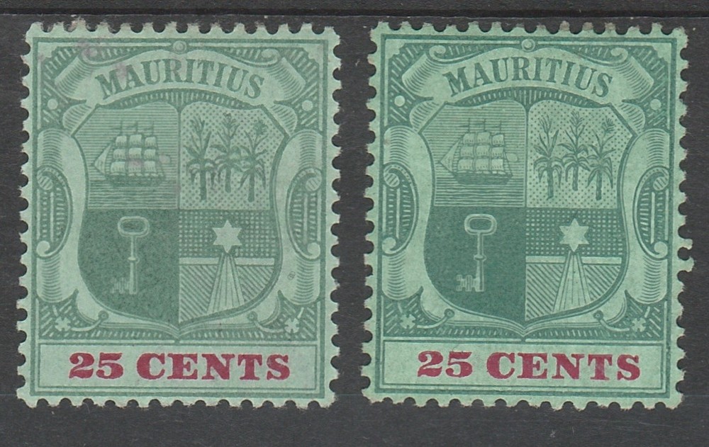 MAURITIUS 1900 ARMS 25C BOTH PAPERS WMK CROWN CA