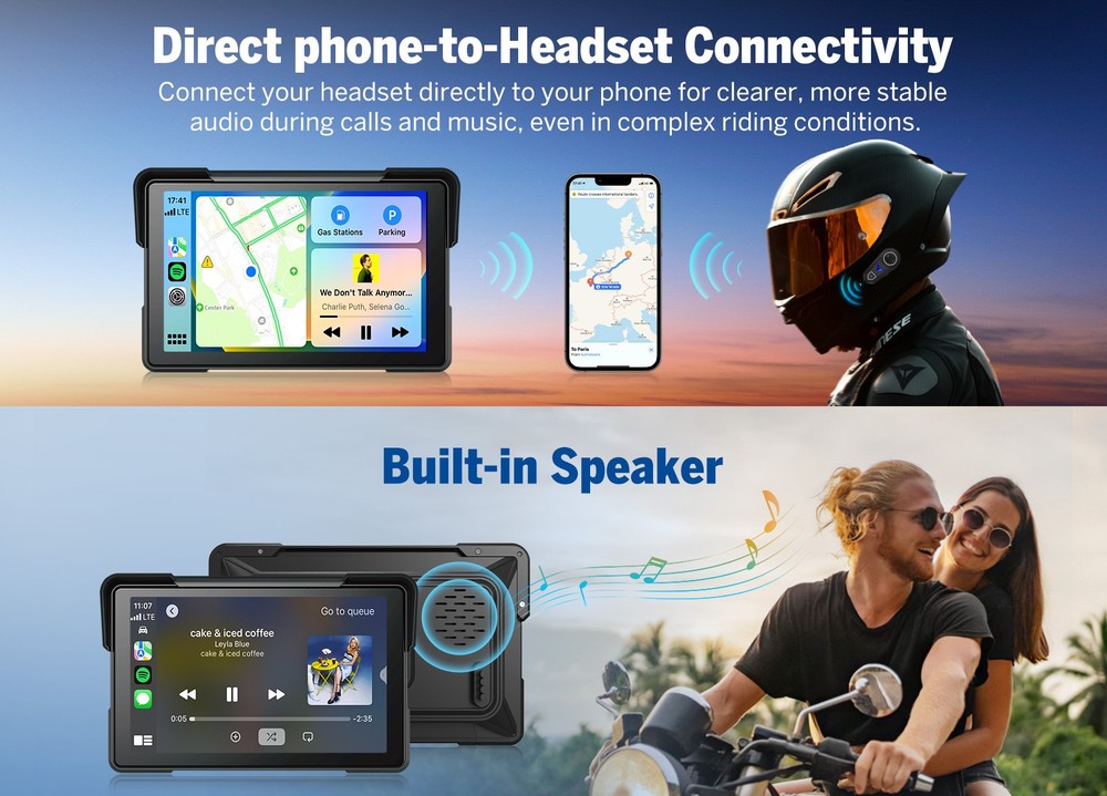 7" IPS Touch Screen Motorcycle Stereo Wireless CarPlay Android Auto Bluetooth 4K