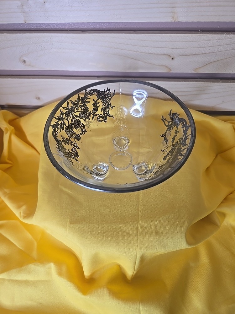 Silver Edged Glass Inlay Three Footed Dish Bowl