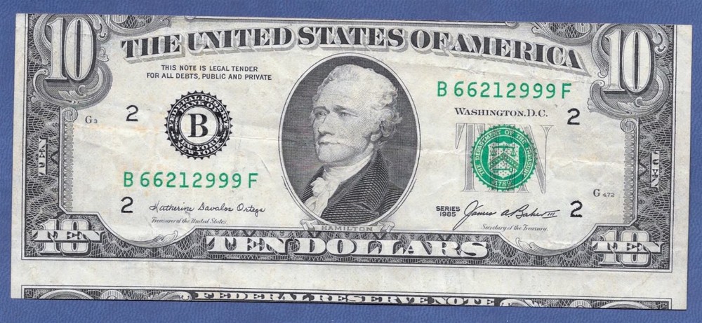 1985  $10  ERROR ♚♚ MISCUT FRONT&BACK ♚♚