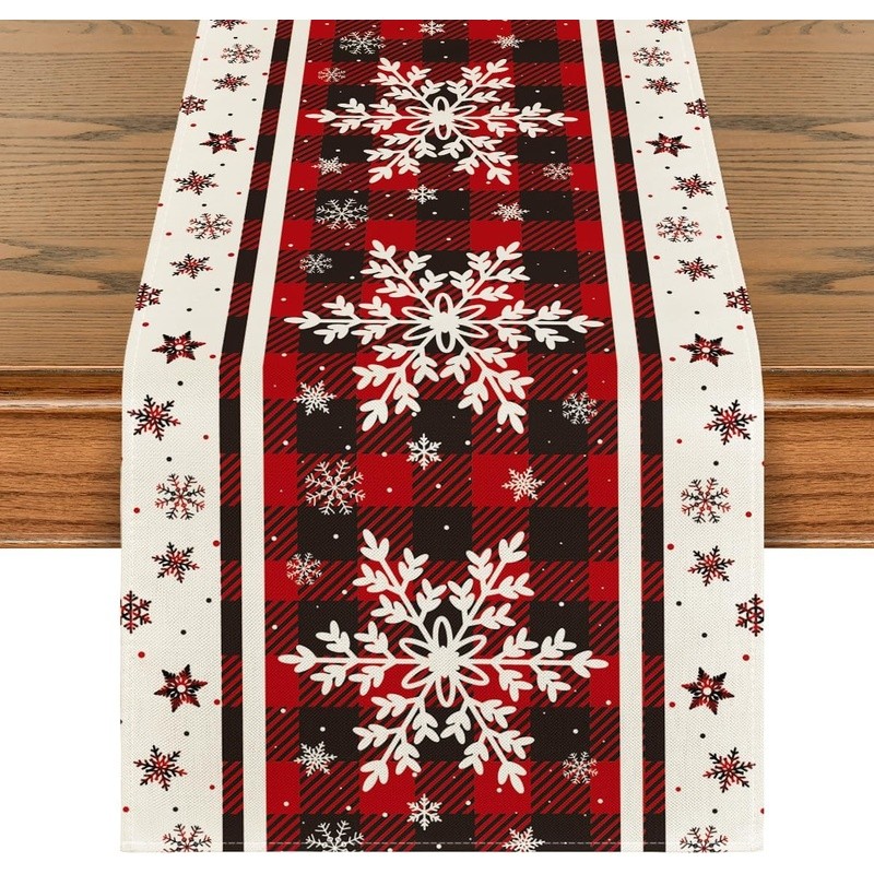 Durable Polyester Table Runner Modern Plaid Snowflake Design Dining Events New