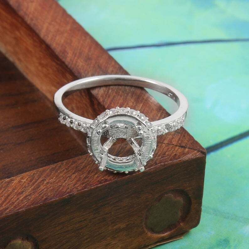 925 Silver 8 mm Round Semi Mount Ring Setting Engagement Ring Setting CZ Setting