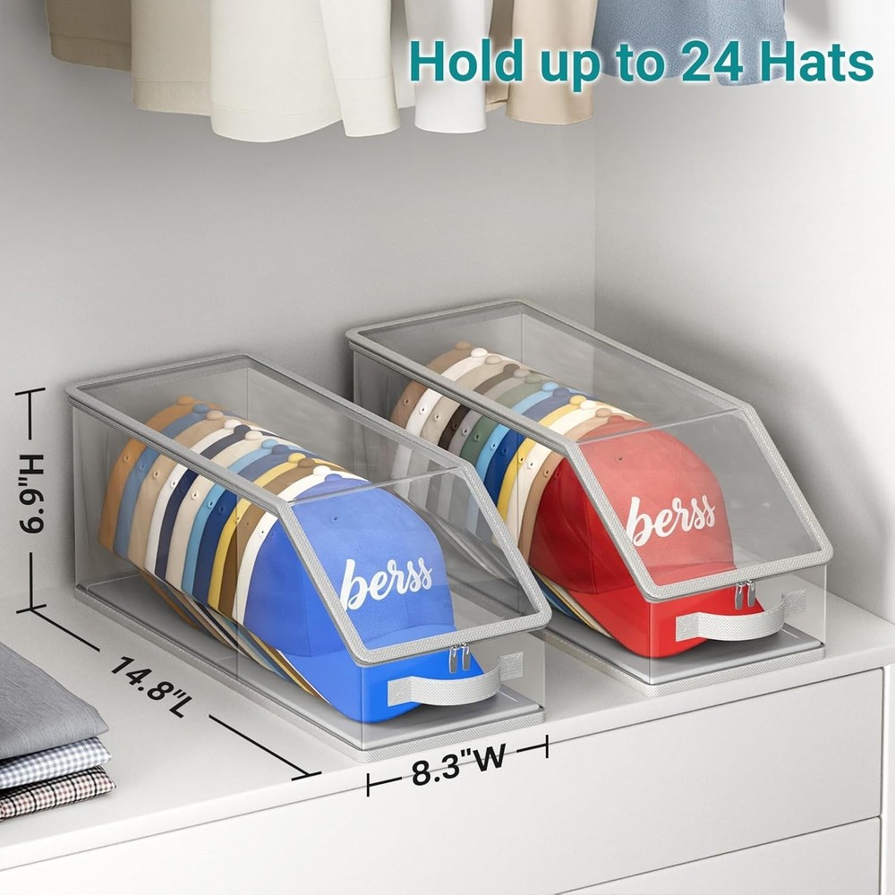 2PCS Stackable Hat Storage for Baseball Caps, Clear Hat Organizer for Closet Hol