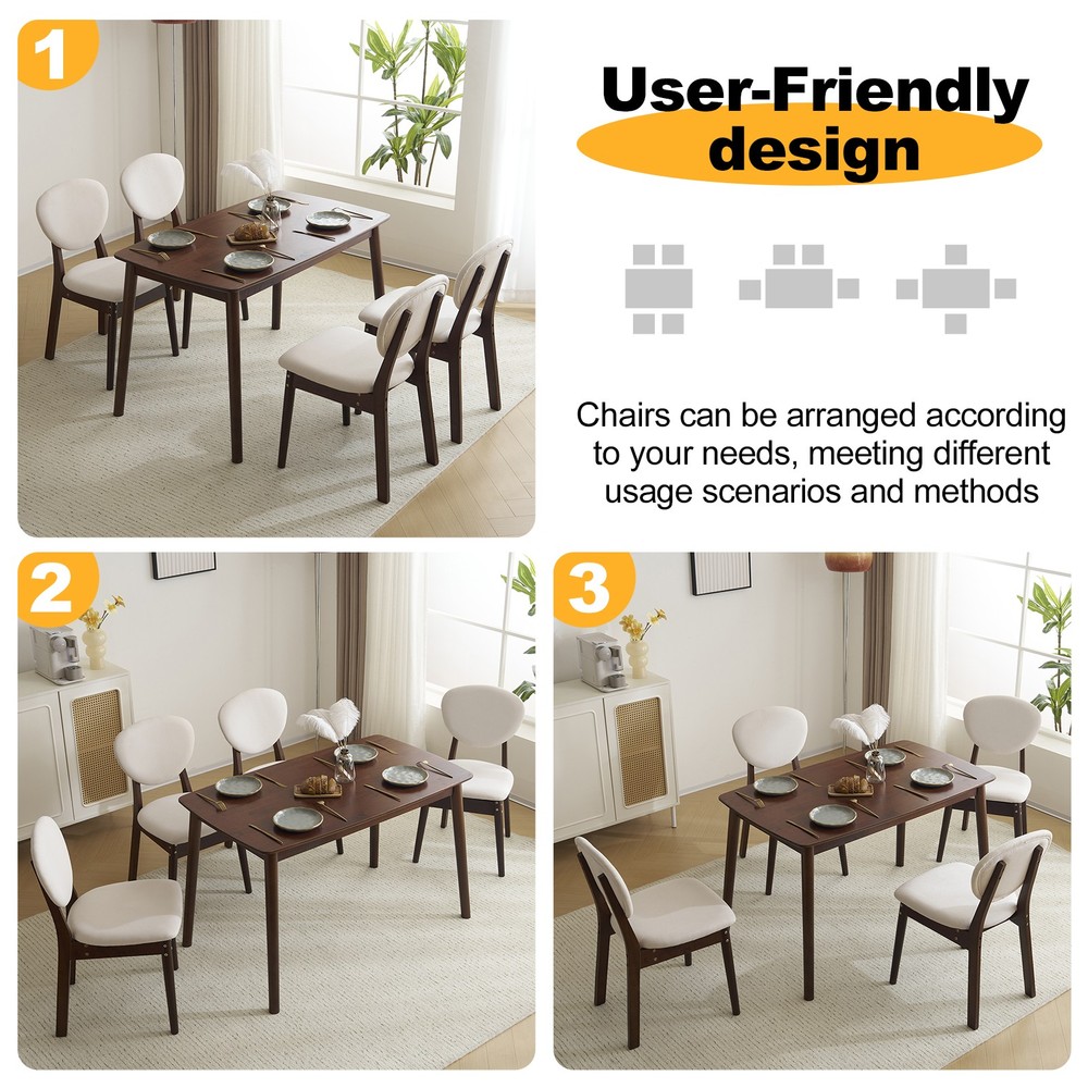 5pc Solid Wood Dining Set Deep Walnut Table & 4 Beige Padded Chairs Space-Saving