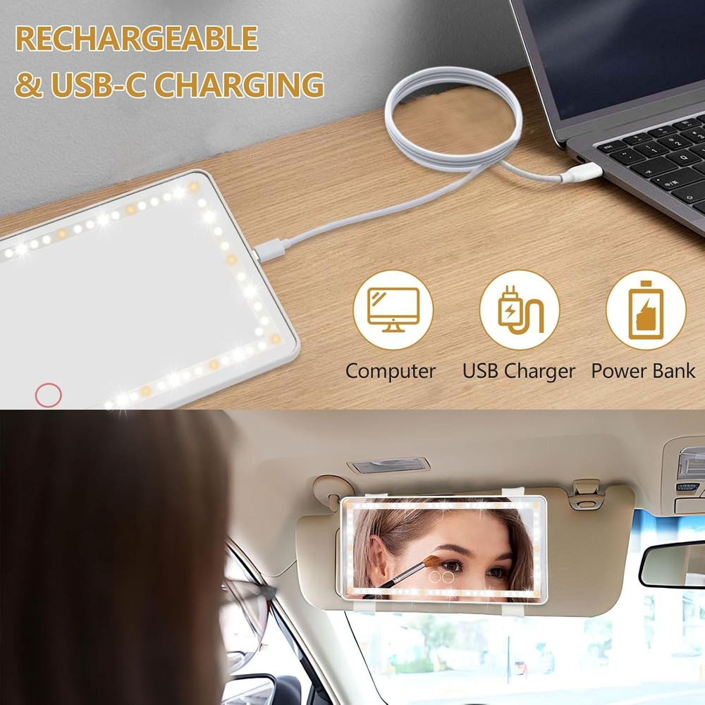 2 Pack Rechargeable LED Car Visor Mirror with Light - 3 Color Modes, Dimmable...