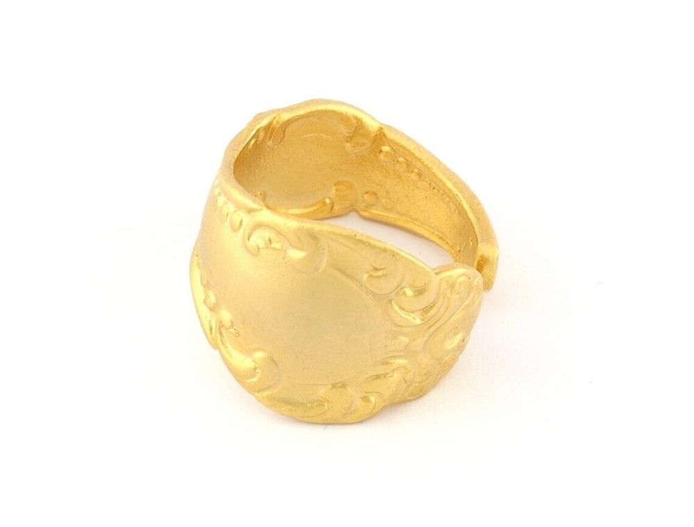 Spoon Ring Leaf Flower Patterned Adjustable Ring Matte Gold Plated Brass 3221