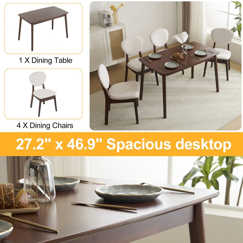 5pc Solid Wood Dining Set Deep Walnut Table & 4 Beige Padded Chairs Space-Saving