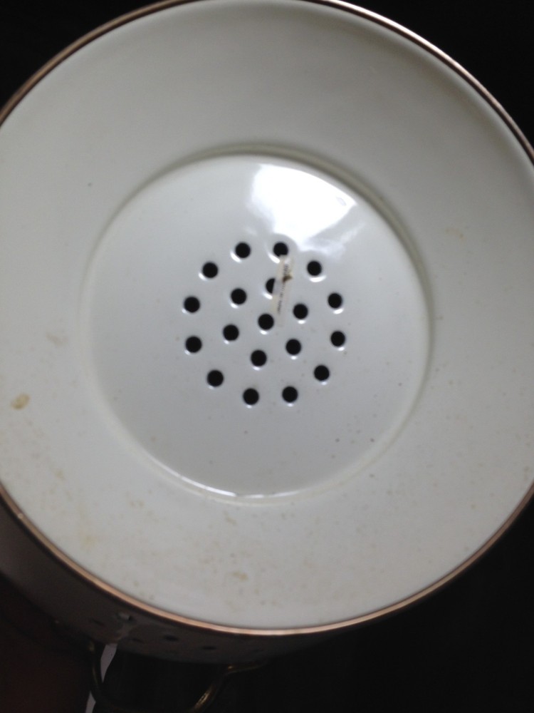 White Enamelware Footed Colander with Fruit Pattern Double Handle 11"