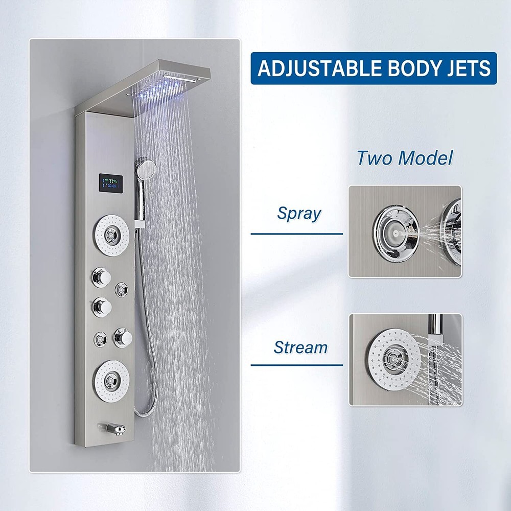 Stainless Steel 6 Functions Shower Panel Tower LED Rainfall Massage System Jets