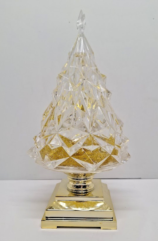 GOLD LIGHTED SWIRLING GLITTER TREE WATER LANTERN 10 IN