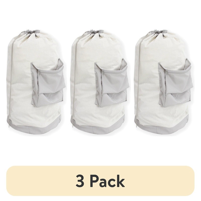 Durable Canvas Laundry Bag W/ Zippered Pocket Drawstring Closure & Carry Strap