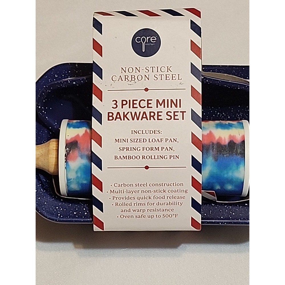 Core Kitchen 3 pc Mini Bakeware Set Loaf Pan Spring Form Pan Bamboo Rolling Pin
