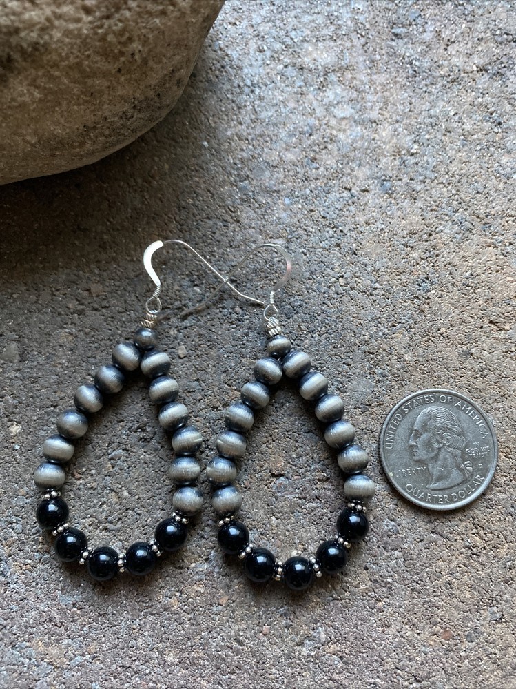 Sterling Silver Black Onyx W Pearls Bead Loop Earrings.