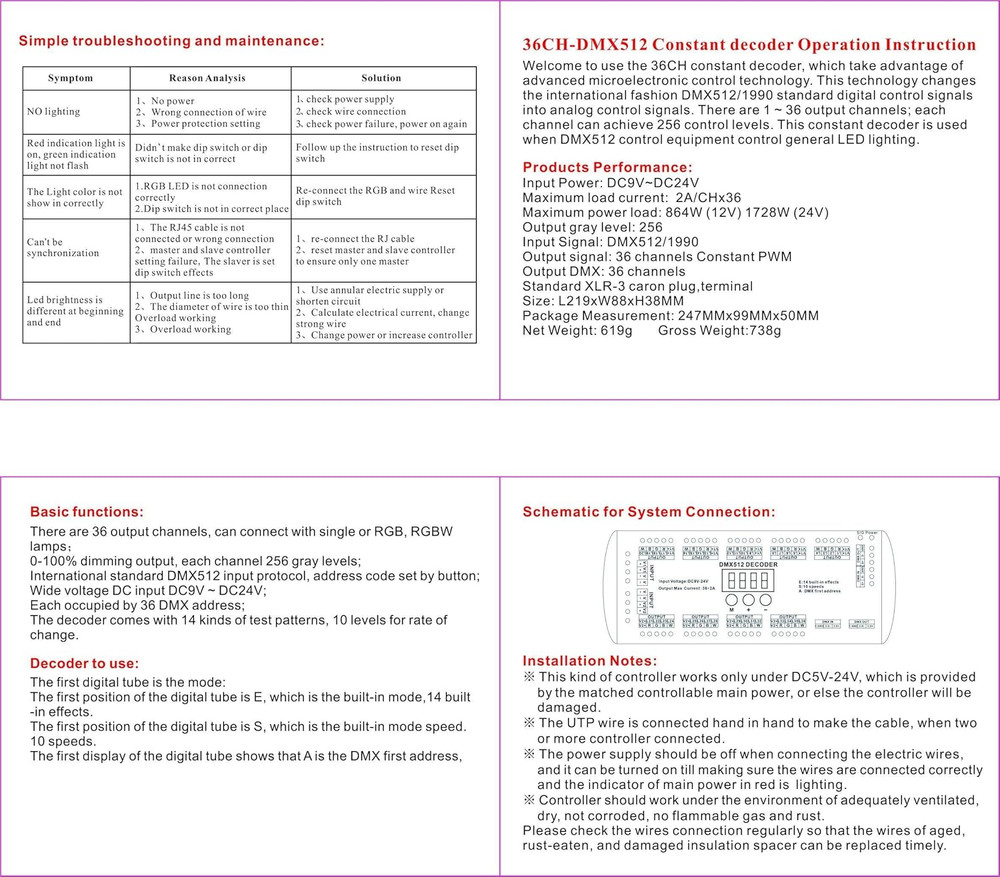 36CH DMX RGBW LED Digital Display Decoder, DMX512 Controller for RGBW LED Lights