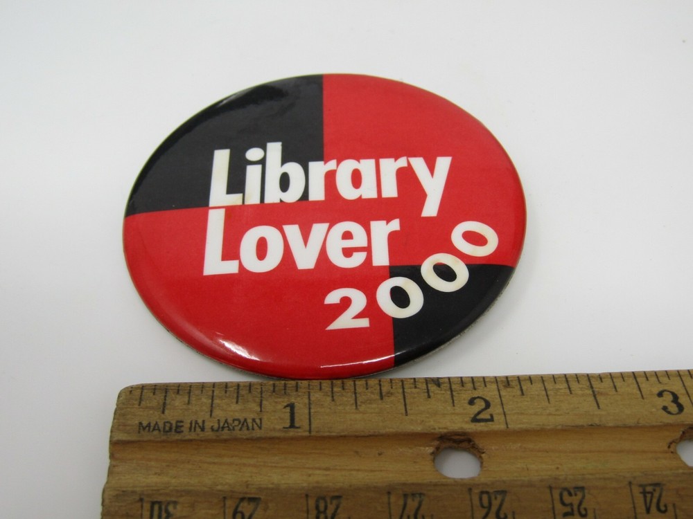 Vintage 2000 Library Lover Pinback Button Red Black Checkered Slogan Reading Y2K