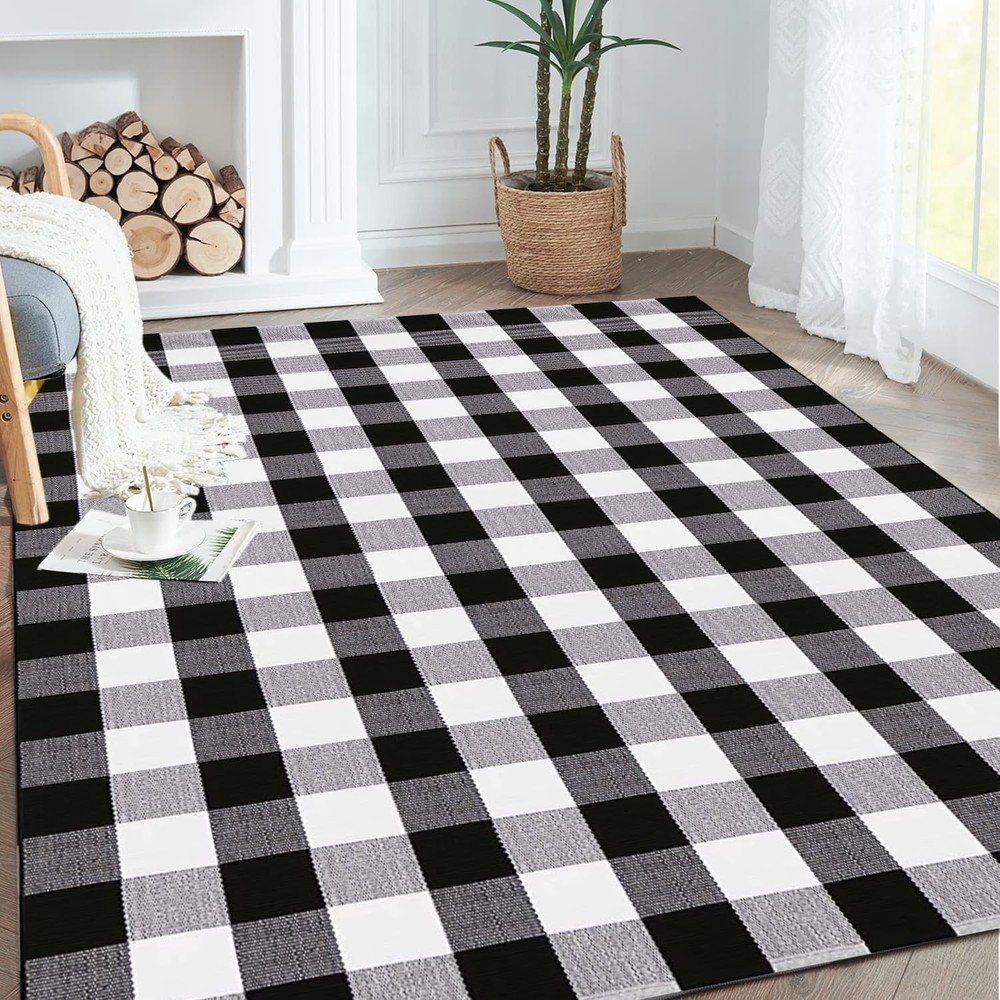 Buffalo Plaid Rug Black and White Check Rugs 5' x 7' (Rectangular),