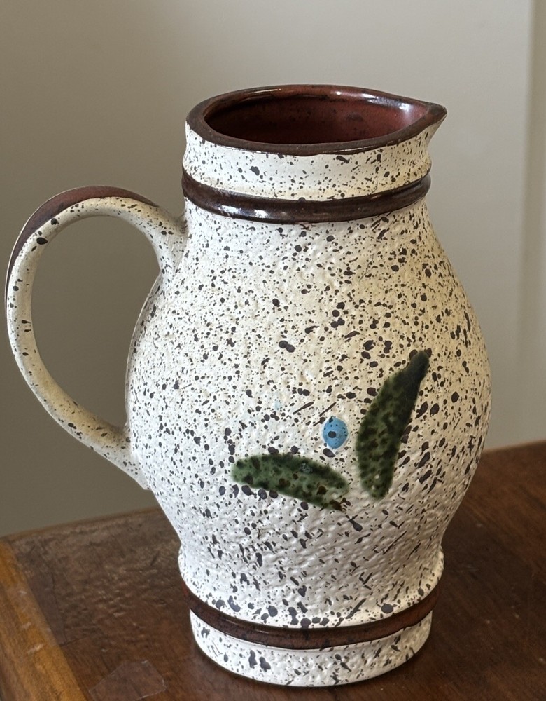 Stoneware Pottery Pitcher With Painted Flower Design