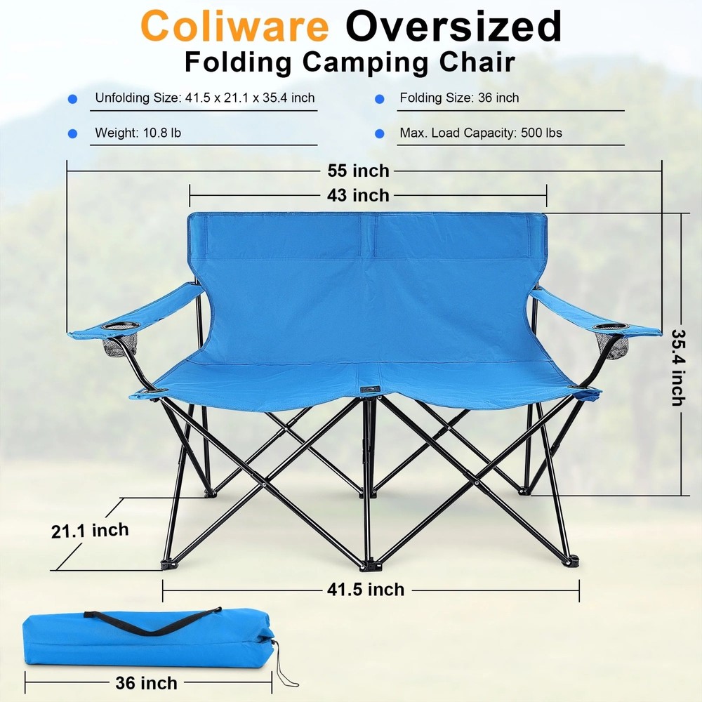 Coliware Oversized Foldable Camping Chair, Double Seat Folding Camp Compact Chai