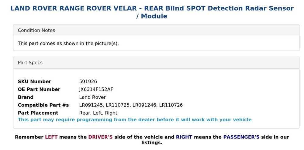 LAND ROVER RANGE ROVER VELAR - REAR Blind SPOT Detection Radar Sensor / Module