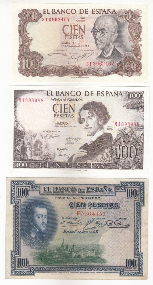 Spain, 100 Pesetas, Set of 3 Different Issues, Banknotes,