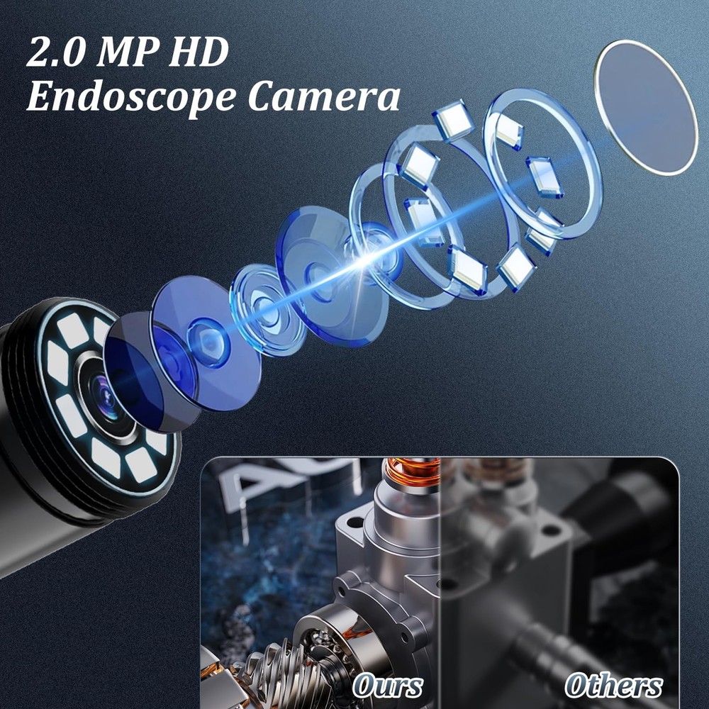 Endoscope Camera with Light, 1920P HD Borescope with 8 Adjustable LED Lights,...