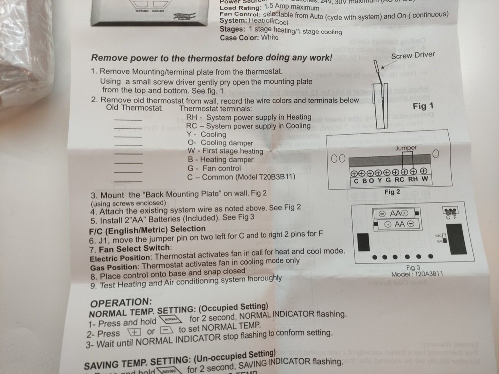 non programmable thermostat T20-B3D11, Single Stage Application Only