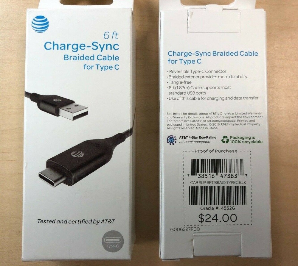 AT&T Android TYPE C 6FT Braided Charge & Sync Cable in Black