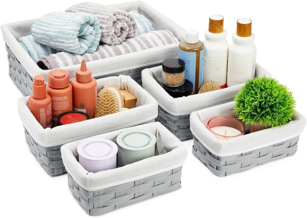 Wicker Nesting Baskets W/ Cloth Lining 5-Pack Gray Rectangular Set Stackable