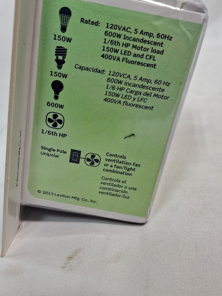 Leviton Decora Humidity Sensor/Fan Control IPHS5, White,