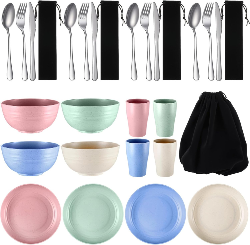 4 Sets Camping Mess Kits for 4 Person Camping Silverware Set Include Cup, Bowl,