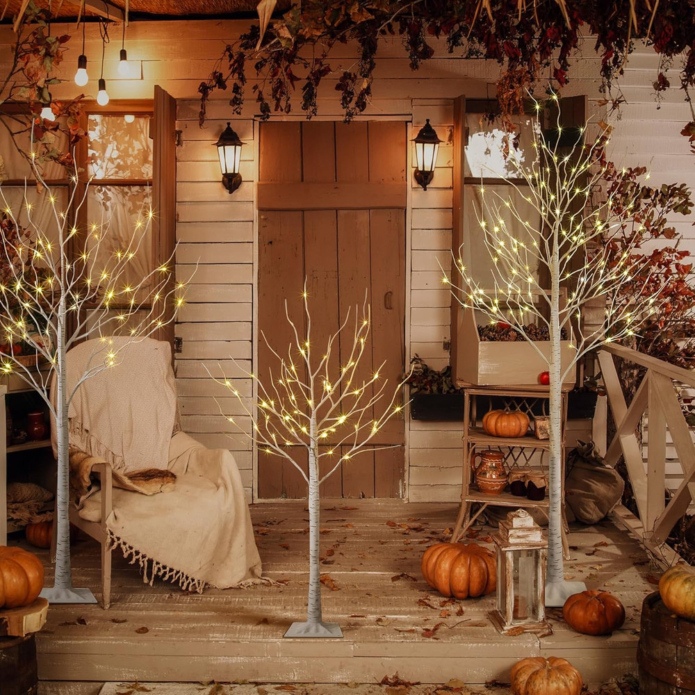 LED Birch Tree Light Set - 4Ft, 6Ft, 8Ft Trees with Warm White Lights (3-Pack)