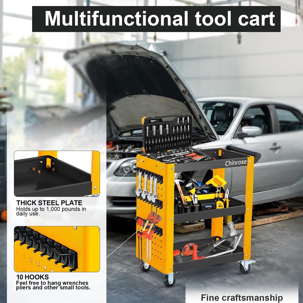 3 Tier Rolling Tool Cart on Wheels, Mechanic Storage Organizer, Rolling Work ...
