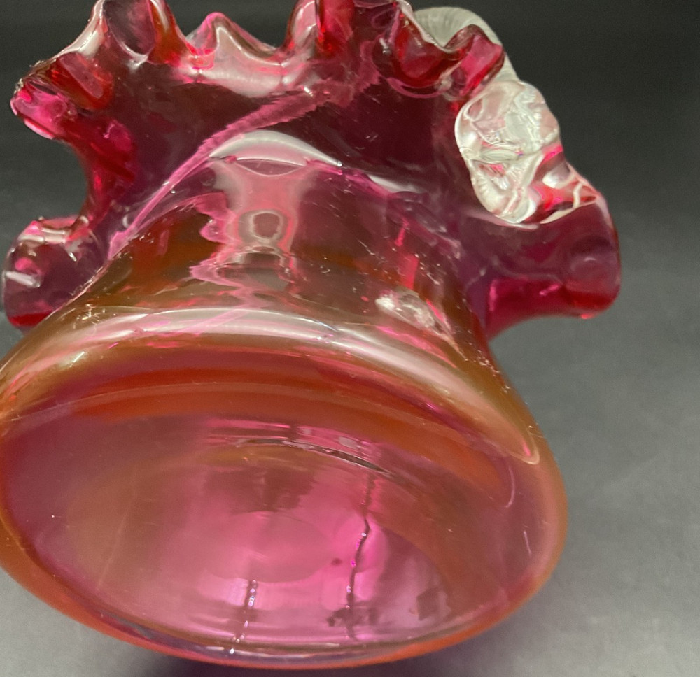 Handblown Ruffled Cranberry Basket with Textured Handle