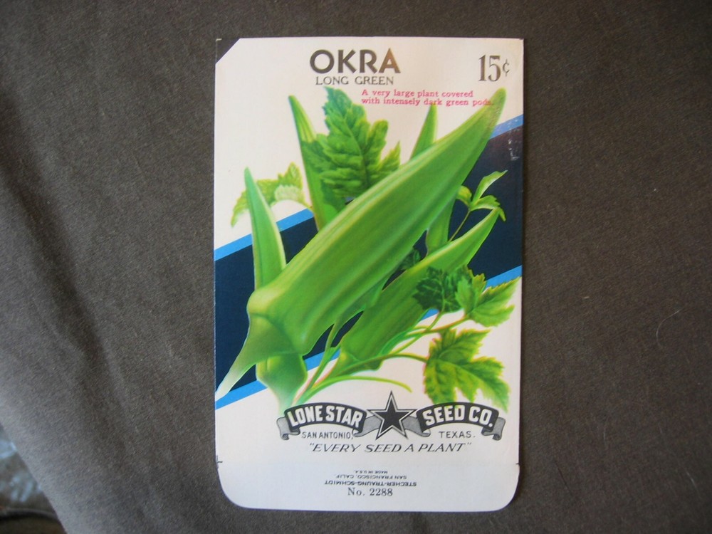 Seed packet Lone Star seed co. Okra Long green