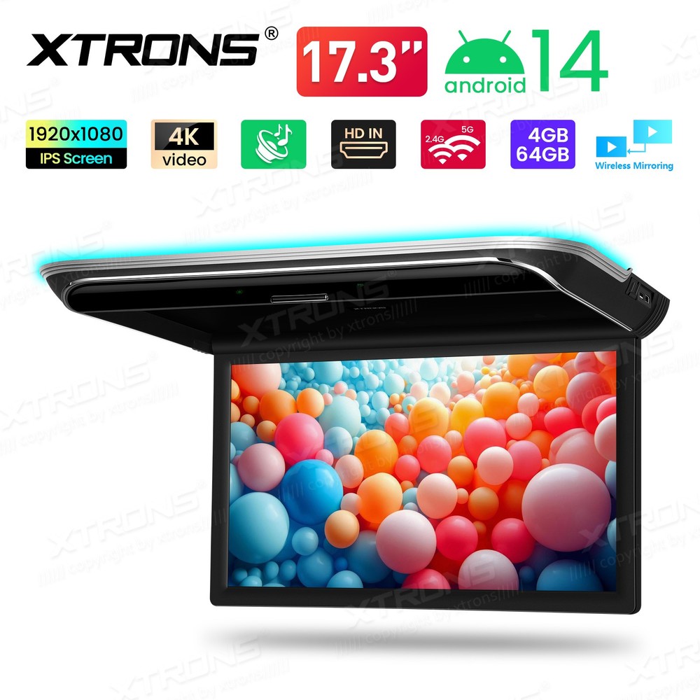 17.3" Car Ceiling Mount TV Android 14 Flip Down Screen 4K Octa Core HDMI WiFi