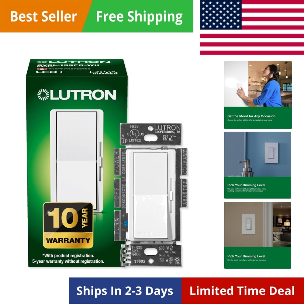 Diva LED+ Dimmer Light Switch for Dimmable LED, Halogen, and Incandescent Bul...