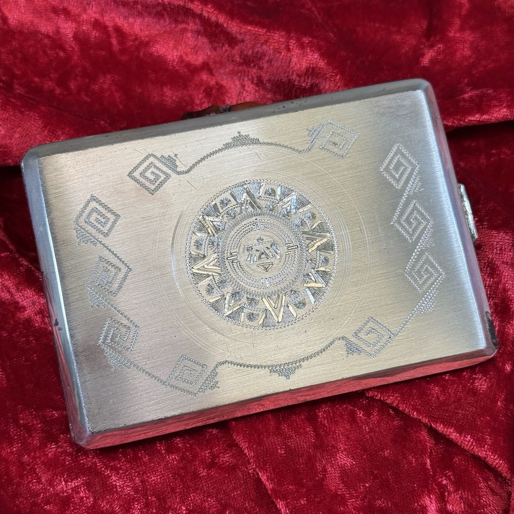 Vintage Solid Sterling Silver Hallmarked Mexican Aztec Cigarette Case