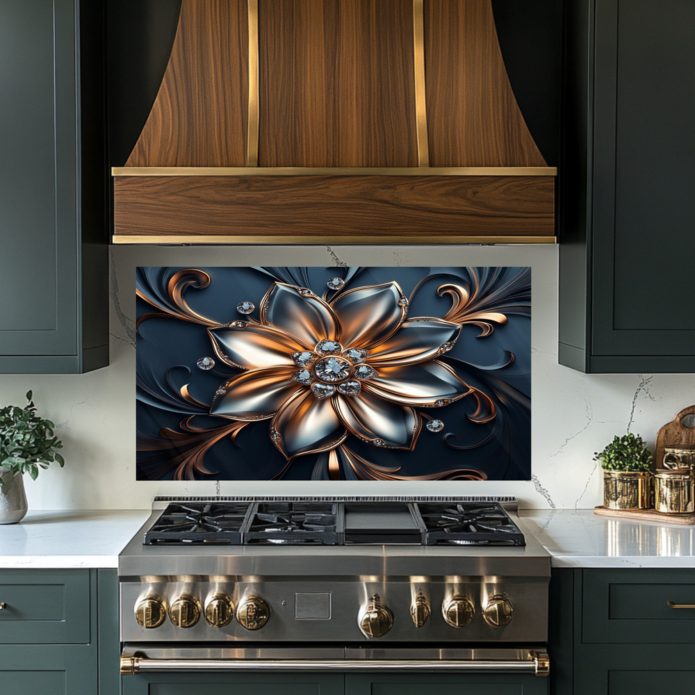 Silver & Copper Floral Backsplash Panel, Luxury Diamond Flower Kitchen Wall Art