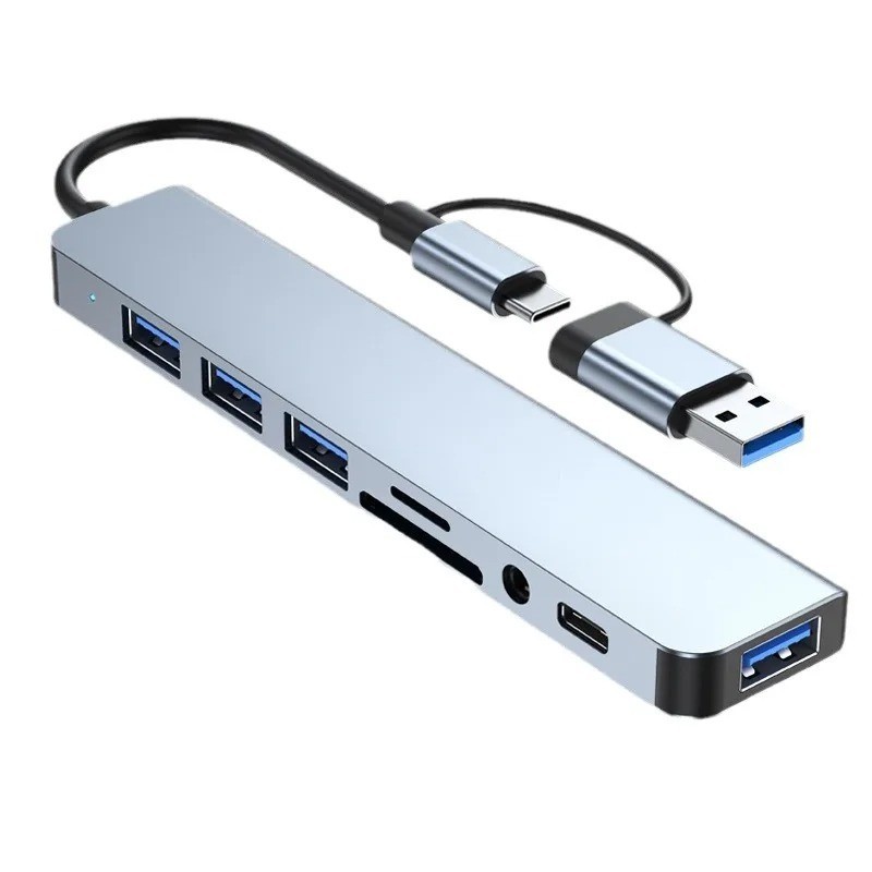 8-in-2 USB Type-C Hub Docking Station Audio Jack Micro SD Reader Adapter