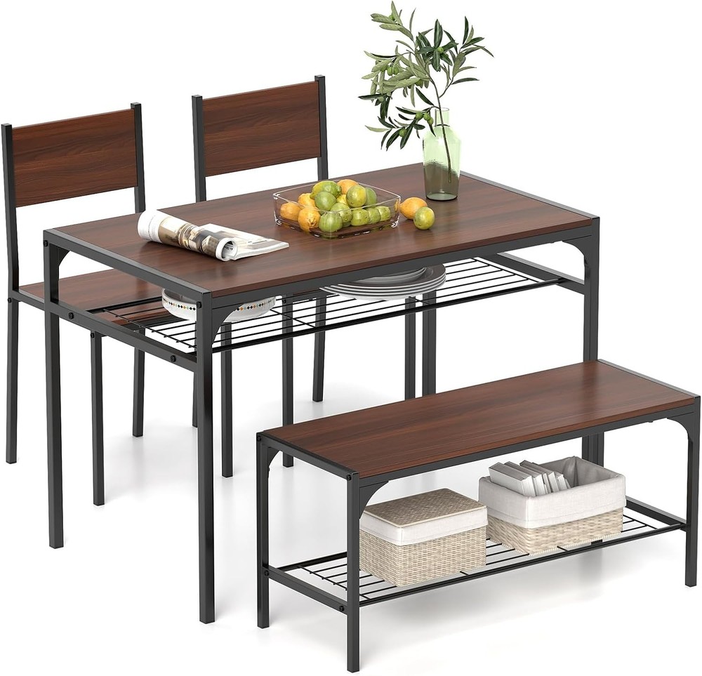 Dining Table Set 4 43" Kitchen Table & Chairs Dining Bench W/ Metal Frame &