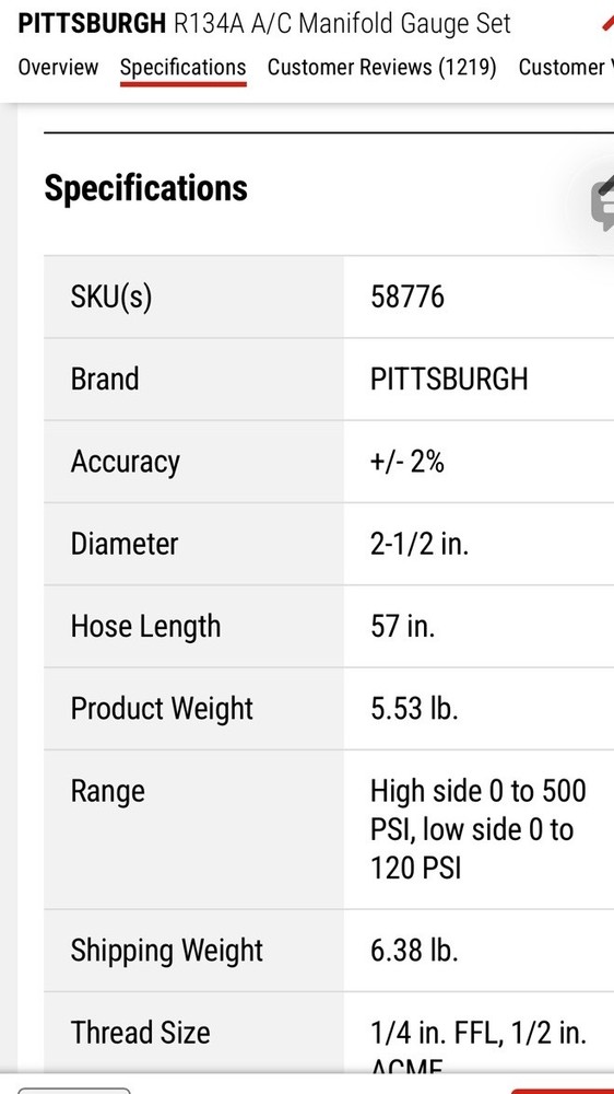 Pittsburgh A/C Manifold Gauge Set
