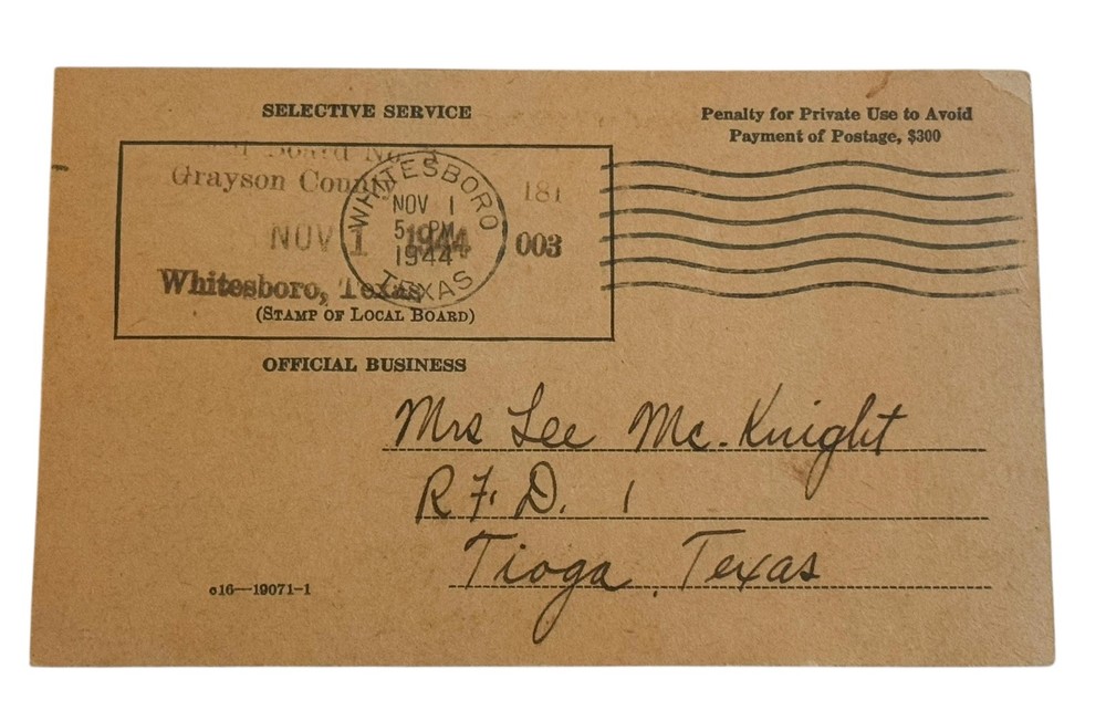 1944 WW2 U.S. Selective Service Draft Notice Postcard Texas Draft Board Mail