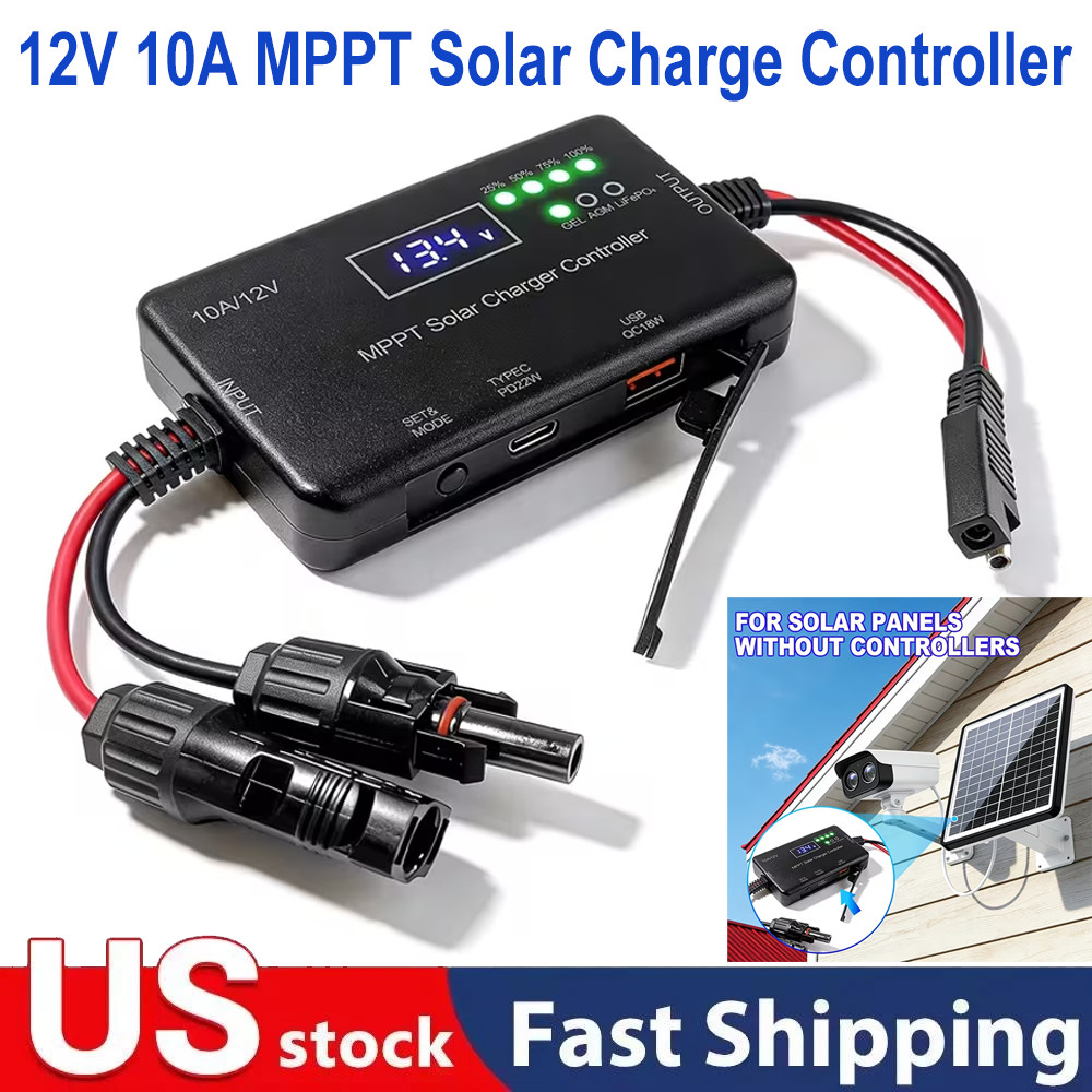 12V 10A MPPT Solar Charge Controller Type-C & USB Output for Solar Panel Battery